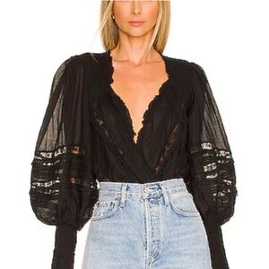Free People Eloise Smocked Bodysuit Black XS/S • Sheer Lace Boho Top